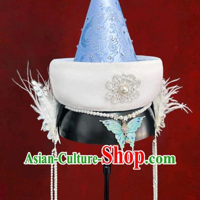 Blue Mongolian Ethnic Tassel Headpiece Mongolian Dance Performance Hair Accessory Chinese Forehead Decoration Hat