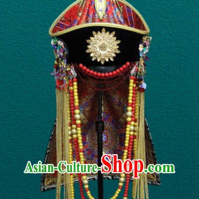 Ladies Red Premium Headpiece Chinese Mongolia Show Braid Performance Hair Accessory Forehead Ornament