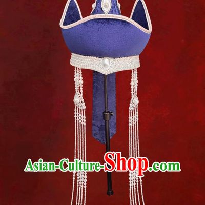 Blue Mongolian Ethnic Tassel Headpiece Women Pointed Top Dance Performance Hair Accessory Forehead Ornament