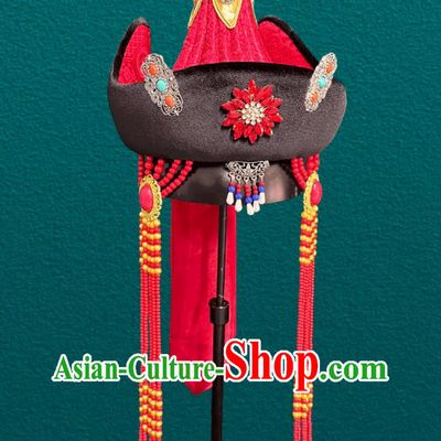Mongolian Ladies Red Hat Chinese Dance Performance Premium Wedding Headpiece