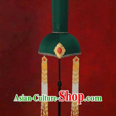Mongolian Ladies Green Tassel High Top Hat Chinese Dance Performance Wedding Show Headpiece