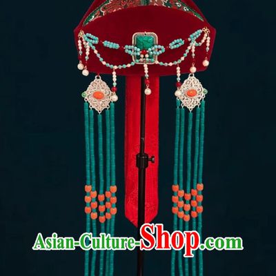 Mongolian Ladies Red Tassel Hat Dance Performance Wedding Show Headpiece Chinese Forehead Chain Headwear