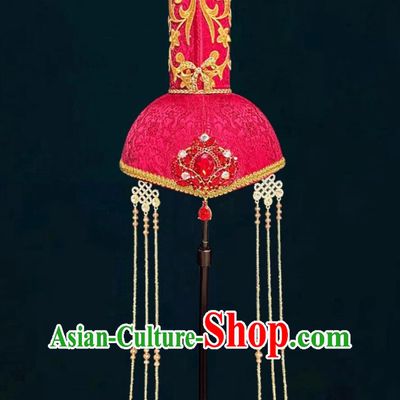 Mongolian Ladies Red High Top Hat Chinese Dance Performance Wedding Show Headpiece