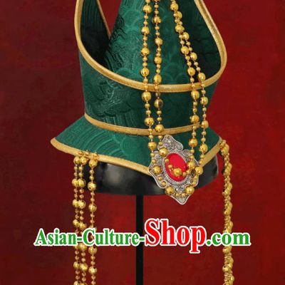 Green Mongolian Ladies Headpiece Forehead Pointed Hat Dance Performance Mongolian Hair Accessory