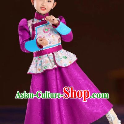 Purple Girls Mongolian Robe Mongolia Ethnic Dress Stage Costume Performance Princess Dress