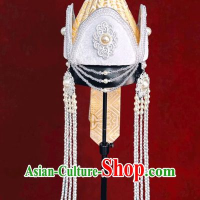 Mongolian Ladies Light Yellow Hat Mongolia Ethnic Dance Performance Headpiece