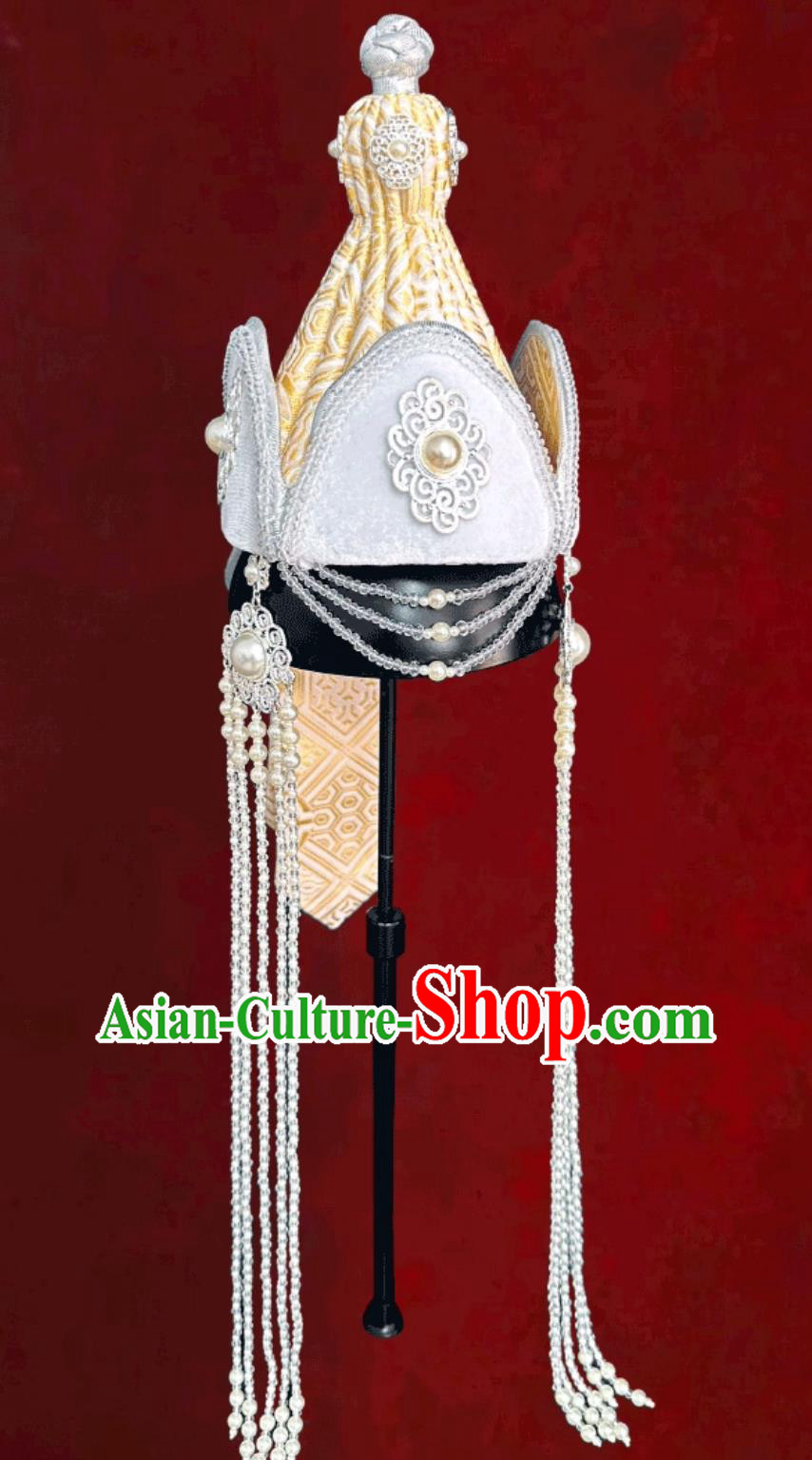 Mongolian Ladies Light Yellow Hat Mongolia Ethnic Dance Performance Headpiece Mongolian Ladies Light Yellow Hat Mongolia Ethnic Dance Performance Headpiece