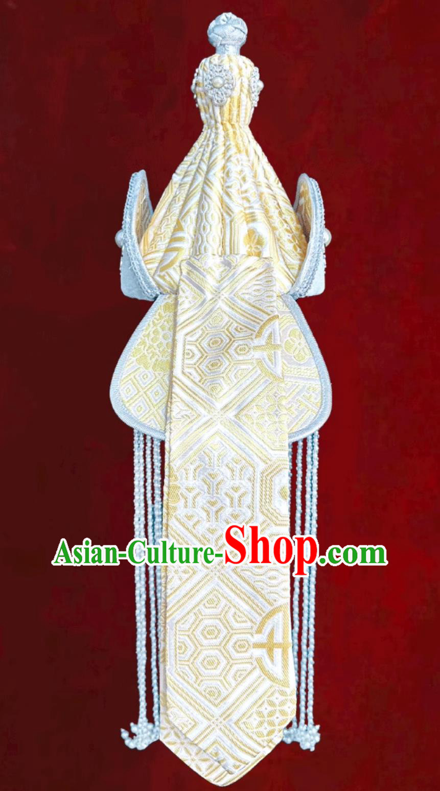 Mongolian Ladies Light Yellow Hat Mongolia Ethnic Dance Performance Headpiece Mongolian Ladies Light Yellow Hat Mongolia Ethnic Dance Performance Headpiece