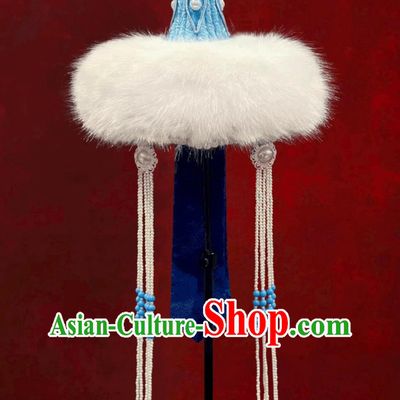 Chinese Opera Performance Headpiece Mongolian Ladies Blue Hat Mongolia Dance Hair Accessory