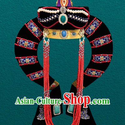 Ladies Mongolian Photography Black Horn Braid Hat Chinese Ethnic Headpiece Torgut Barga Mongolia Headwear