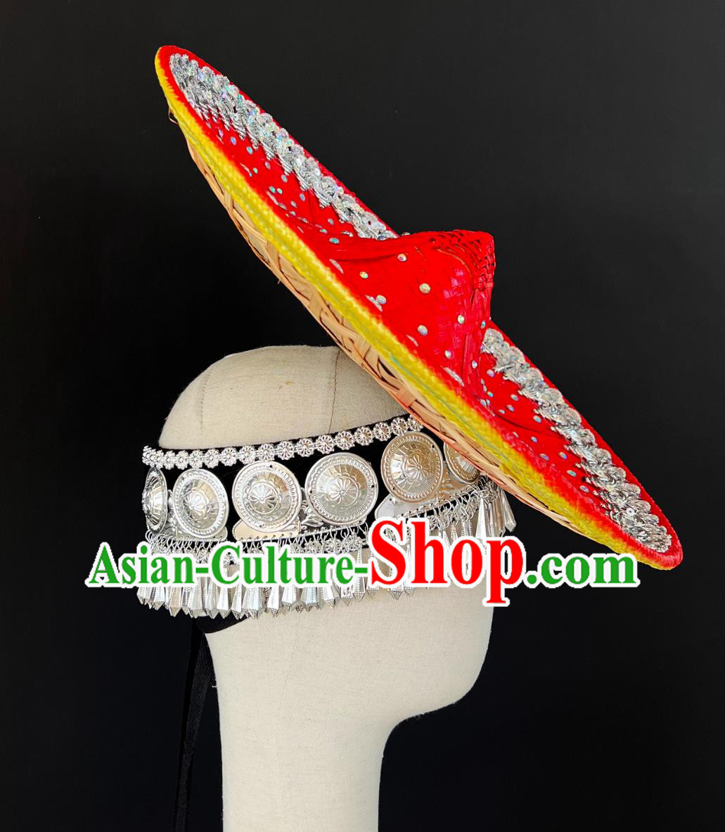 Women Solo Dance Red Bamboo Hat Huayao Dai Bamboo Hat Chinese Yunnan Dai Ethnic Headwear Women Solo Dance Red Bamboo Hat Huayao Dai Bamboo Hat Chinese Yunnan Dai Ethnic Headwear