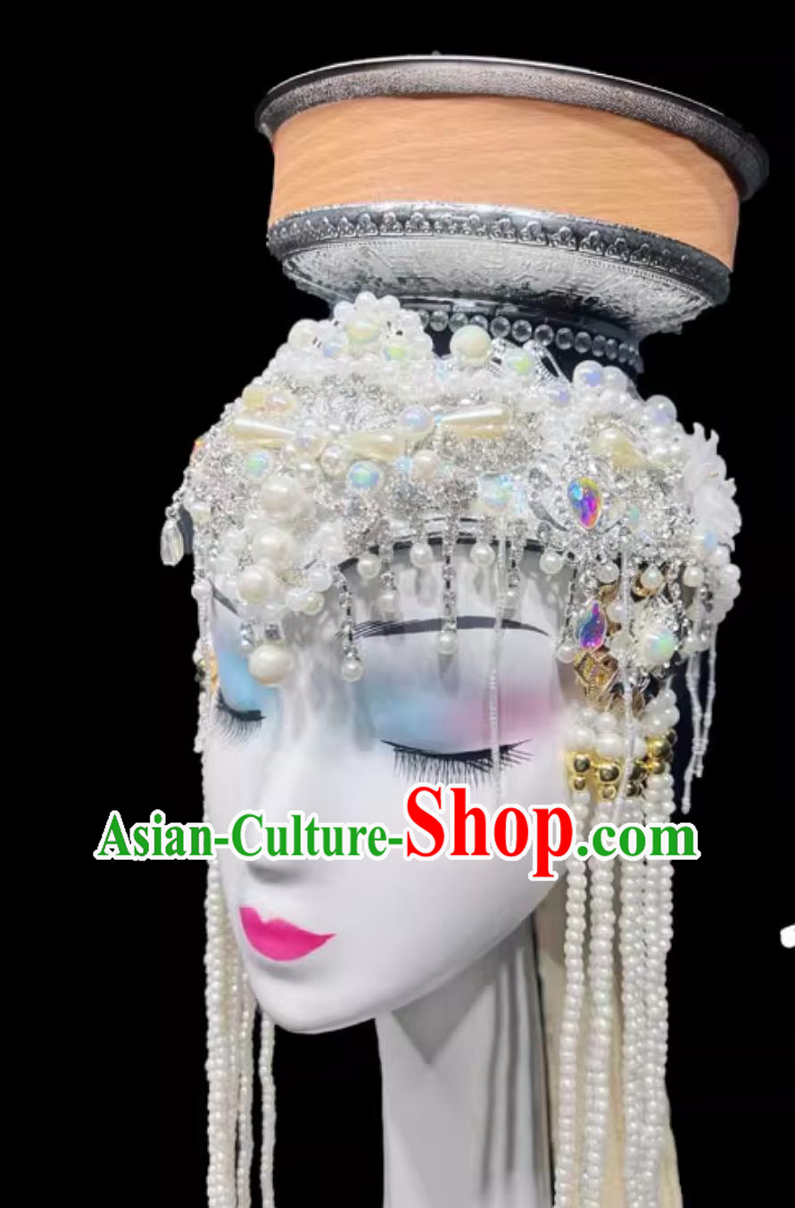 Mongolian Dance Bowl Balancing Headdress Handmade Beaded Long Tassel Dance Hat