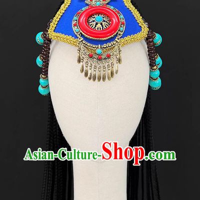 Tibetan Style Female Performance Headdress Chinese Zang Ethnic Dance Wig Braids Headpiece