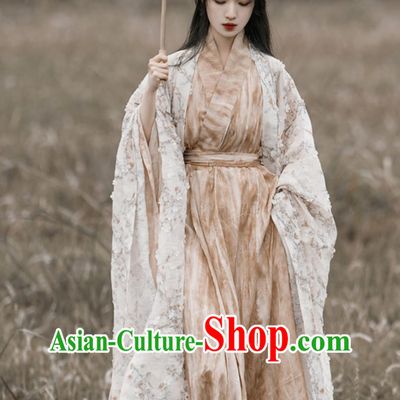 Chinese Hanfu Dress Embroidered Wide Sleeve Long Gown Traditional Straight Hem Robe