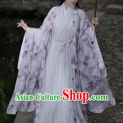 Wei Jin Style Printed Wide Sleeve Robe Traditional Chinese Clothing Cross Collar Straight Hem Hanfu Robe