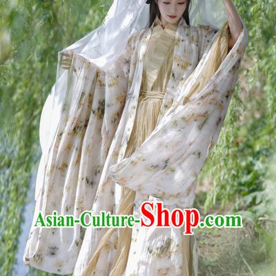 Traditional Chinese Clothing Wei Jin Style Printed Wide Sleeve Robe Cross Collar Straight Hem Hanfu Robe