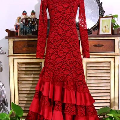 Flamenco Six Layer Dance Dress Spain Dance Performance Costume Red Lace Attire