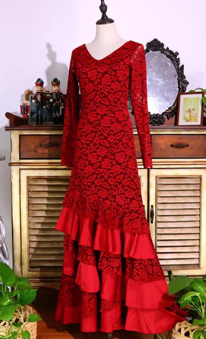 Flamenco Six Layer Dance Dress Spain Dance Performance Costume Red Lace Attire Flamenco Six Layer Dance Dress Spain Dance Performance Costume Red Lace Attire