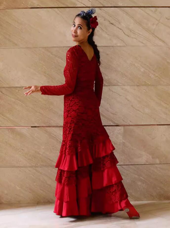 Flamenco Six Layer Dance Dress Spain Dance Performance Costume Red Lace Attire Flamenco Six Layer Dance Dress Spain Dance Performance Costume Red Lace Attire