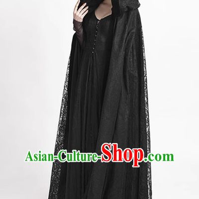 Medieval Ornate Gothic Dark Witch Hooded Long Cape Black Lace Trim Cloak Coat