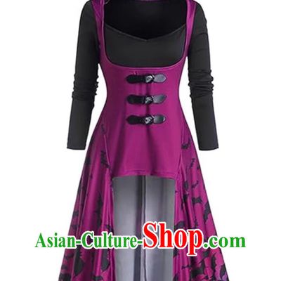 Gothic Hooded Anime Purple Black Gradient Print Dress Halloween Cosplay Costume Performance Royal Court Clothing