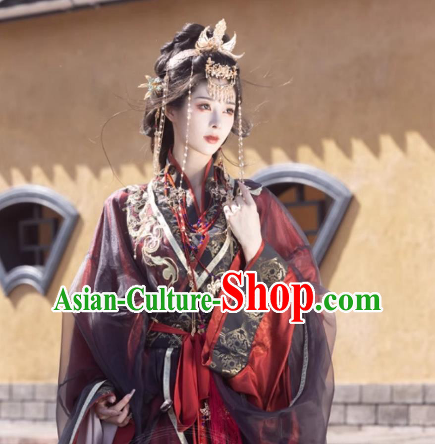 Hanfu Black Red Dress Mashan Chu Tomb Zhiju Traditional Chinese Costumes Warring States Robe Hanfu Black Red Dress Mashan Chu Tomb Zhiju Traditional Chinese Costumes Warring States Robe