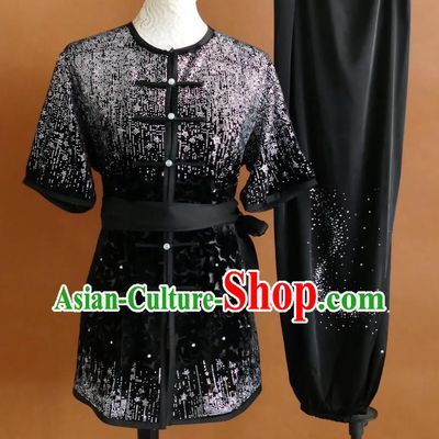 Chinese Kung Fu Competition Performance Clothing Sparkling Nanquan Uniform Black Lace Martial Arts Suit