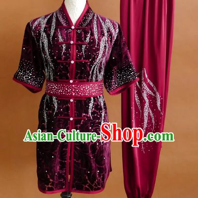 Professional Kung Fu Competition Uniform Wushu Clothing Changquan Group Performance Attire Bordeaux Red Lace Martial Arts Costume