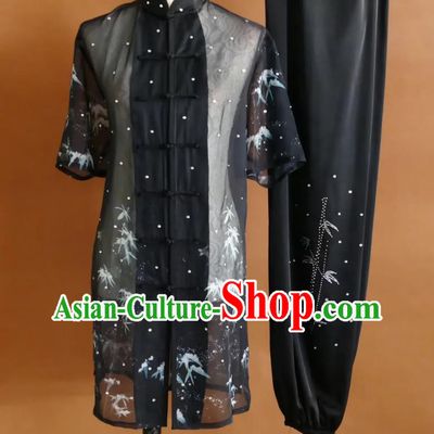 Bamboo Printed Transparent Martial Arts Costume Chinese Changquan Performance Uniform Professional Kung Fu Competition Clothing