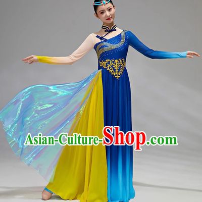 Xinjiang Dance Costume Uyghur Ethnic Dance Performance Outfit Chinese Stage Show Blue Dress