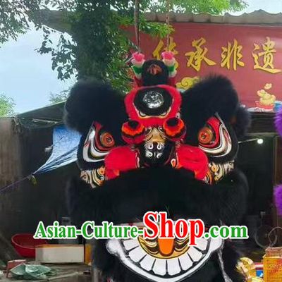 Black Wool Lion Dance Clothing Handmade Chinese Long Feather Lion Head and Costume Complete Set