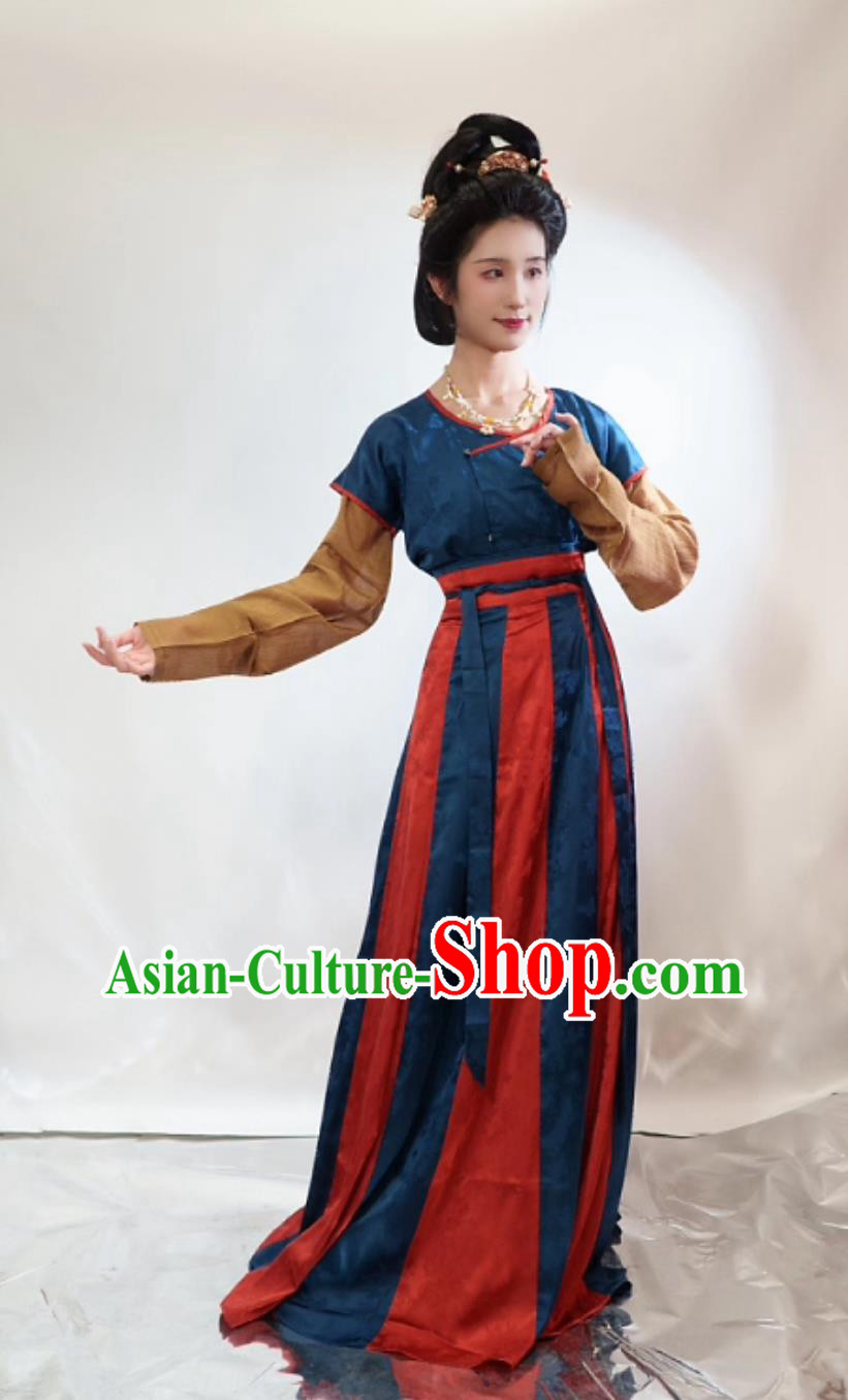 Early Tang Dynasty Drooping Collar Blouse Beizi Eighteen Pleated Skirt Complete Set Early Tang Dynasty Drooping Collar Blouse Beizi Eighteen Pleated Skirt Complete Set