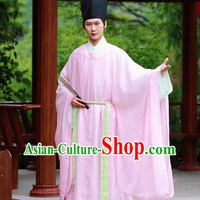 Song Dynasty Pink Round Collar Robe Large Sleeved Mens Hanfu Traditional Chinese Clothing