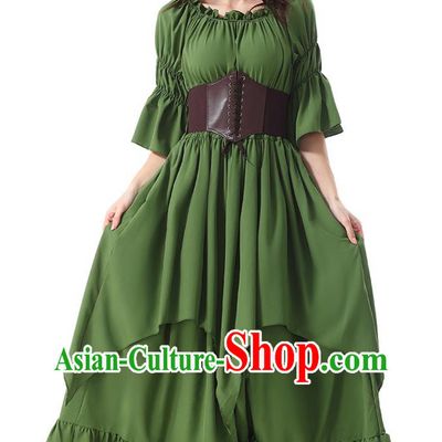 Medieval Vintage Dress England Style Gown Ruffled Waist Tailored Pleated Long Dress Stage Drama Dark Green Off The Shoulder Performance Costume