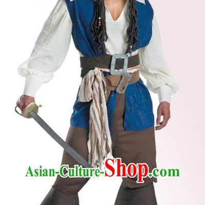 Spanish Pirate Costume Vintage Classic Blue Sailor Marauder Prop Outfit for Men