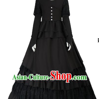Medieval Vintage Gothic Evening Gown England Black Court Lady Princess Performance Dress Lace Tiered Clothing