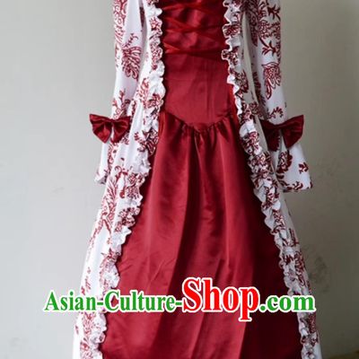 Red Vintage European Court Evening Gown England Long Sleeve Print Full Dress Medieval Stage Performance Costume