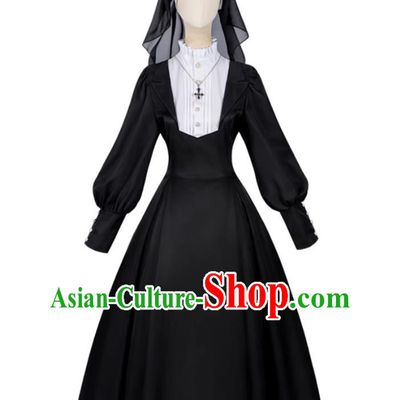 Halloween Black Nun Dress Waist Cute Lolita Lace Ruffled Long Skirt Lolita Convent Gown