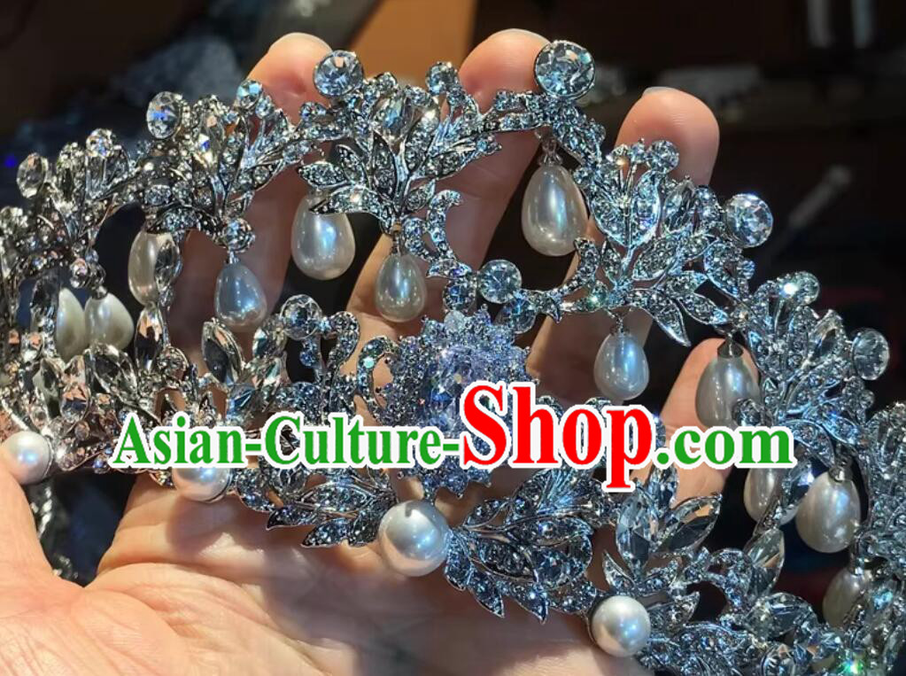 Bride Exquisite Handmade Headpiece Pearl Crown Accessories Wedding Zircon Tiara