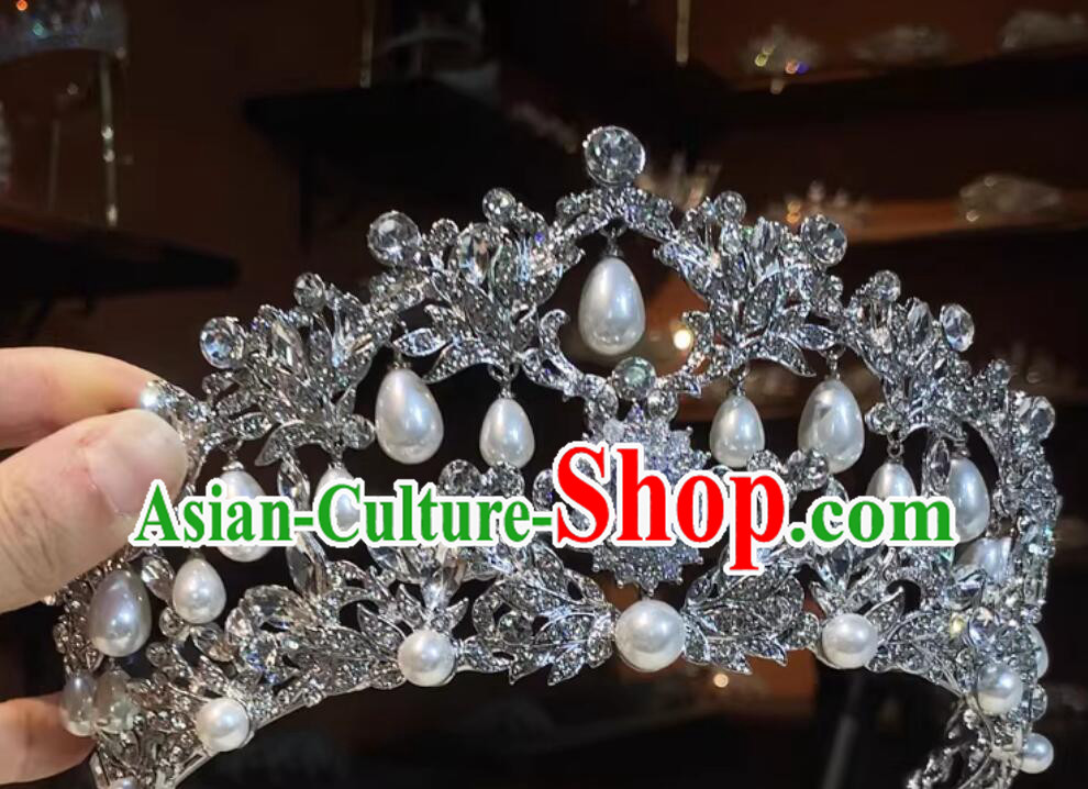 Bride Exquisite Handmade Headpiece Pearl Crown Accessories Wedding Zircon Tiara