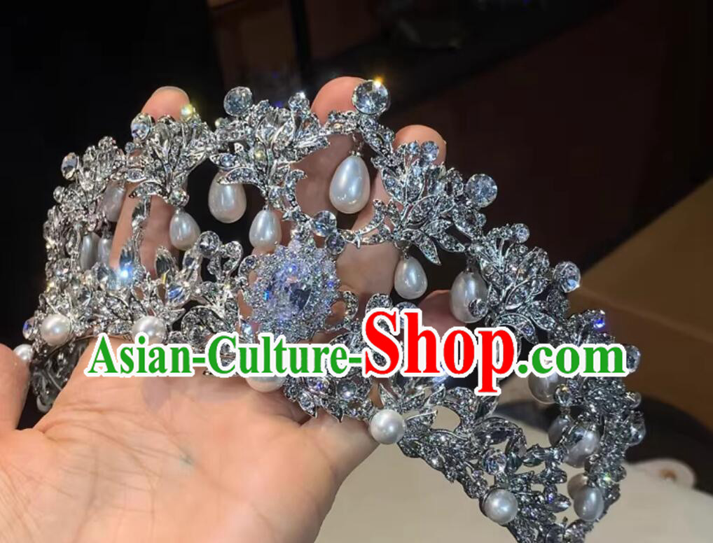 Bride Exquisite Handmade Headpiece Pearl Crown Accessories Wedding Zircon Tiara