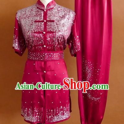 Crystal Drill Martial Arts Competition Uniform Burgundy Red Wushu Training Wear Changquan Kung Fu Costume
