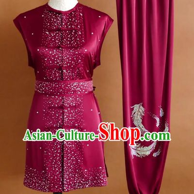 Kung Fu Competition Clothing Burgundy Red Star Color Diamond Wushu Uniform Nanquan Martial Arts Costume