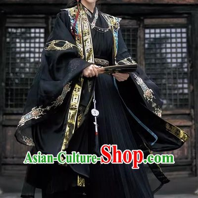 Men Hanfu Wei Jin Style Cross Collar Costume Ancient Chinese Prince Black Outfit