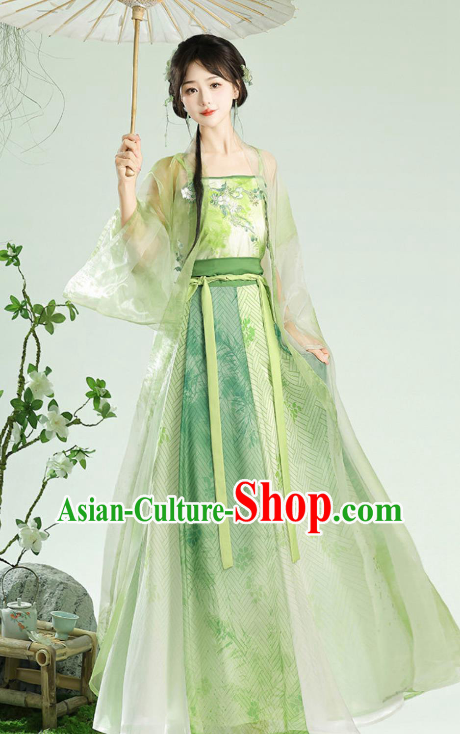 Chinese Modern Hanfu Song Style Blouse top and Skirt Green Costumes Complete Set