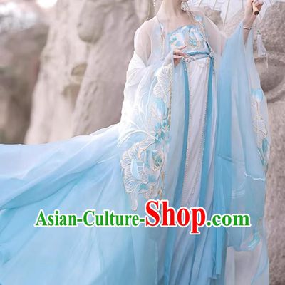 Ancient Chinese Princess Costumes Chinese Tang Dynasty Hanfu Blue Wide Sleeve Cape Hezi Dress Complete Set