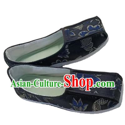 Hanfu Traditional Shoes Layered Cloth Sole Blue Brocade Square Toe Shoes