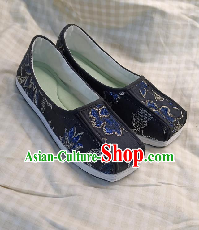 Hanfu Traditional Shoes Layered Cloth Sole Blue Brocade Square Toe Shoes Hanfu Traditional Shoes Layered Cloth Sole Blue Brocade Square Toe Shoes