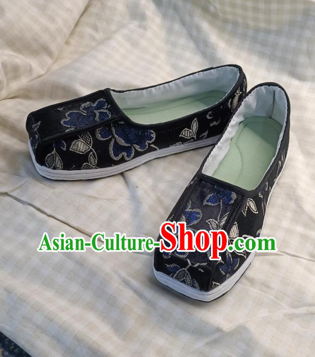 Hanfu Traditional Shoes Layered Cloth Sole Blue Brocade Square Toe Shoes Hanfu Traditional Shoes Layered Cloth Sole Blue Brocade Square Toe Shoes