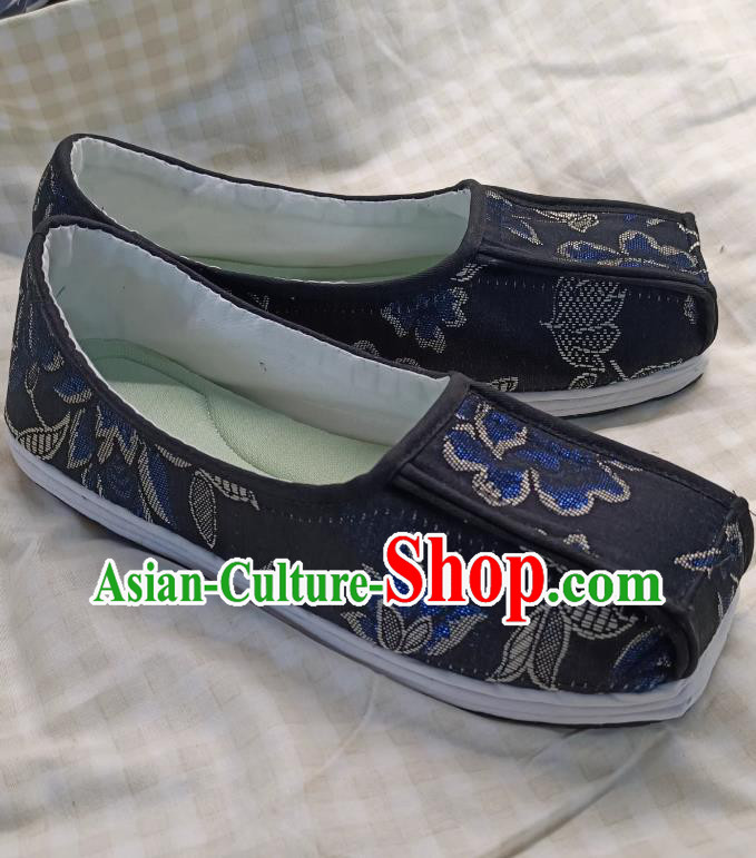 Hanfu Traditional Shoes Layered Cloth Sole Blue Brocade Square Toe Shoes Hanfu Traditional Shoes Layered Cloth Sole Blue Brocade Square Toe Shoes